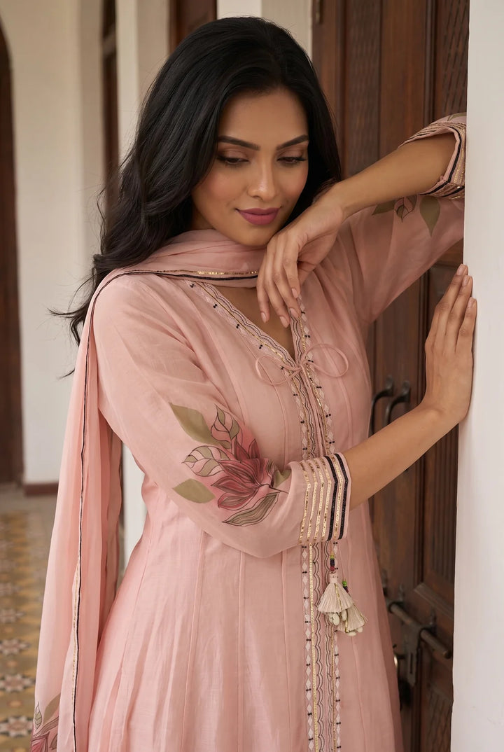 Zoa Mul Chanderi Anarkali Set in Rose Pink