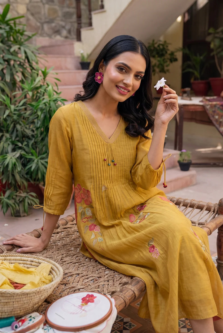 Rumi Mul Chanderi Tunic Set in Mustard Yellow