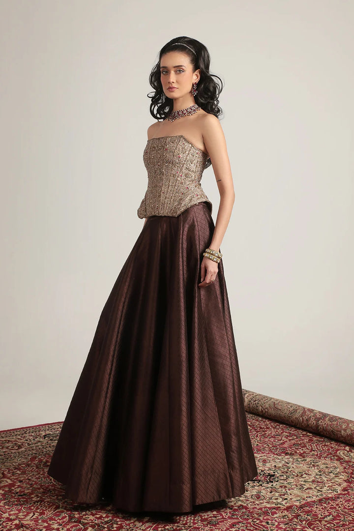 Zar-Rang Brown Panelled Corset Quilted Lehenga Set