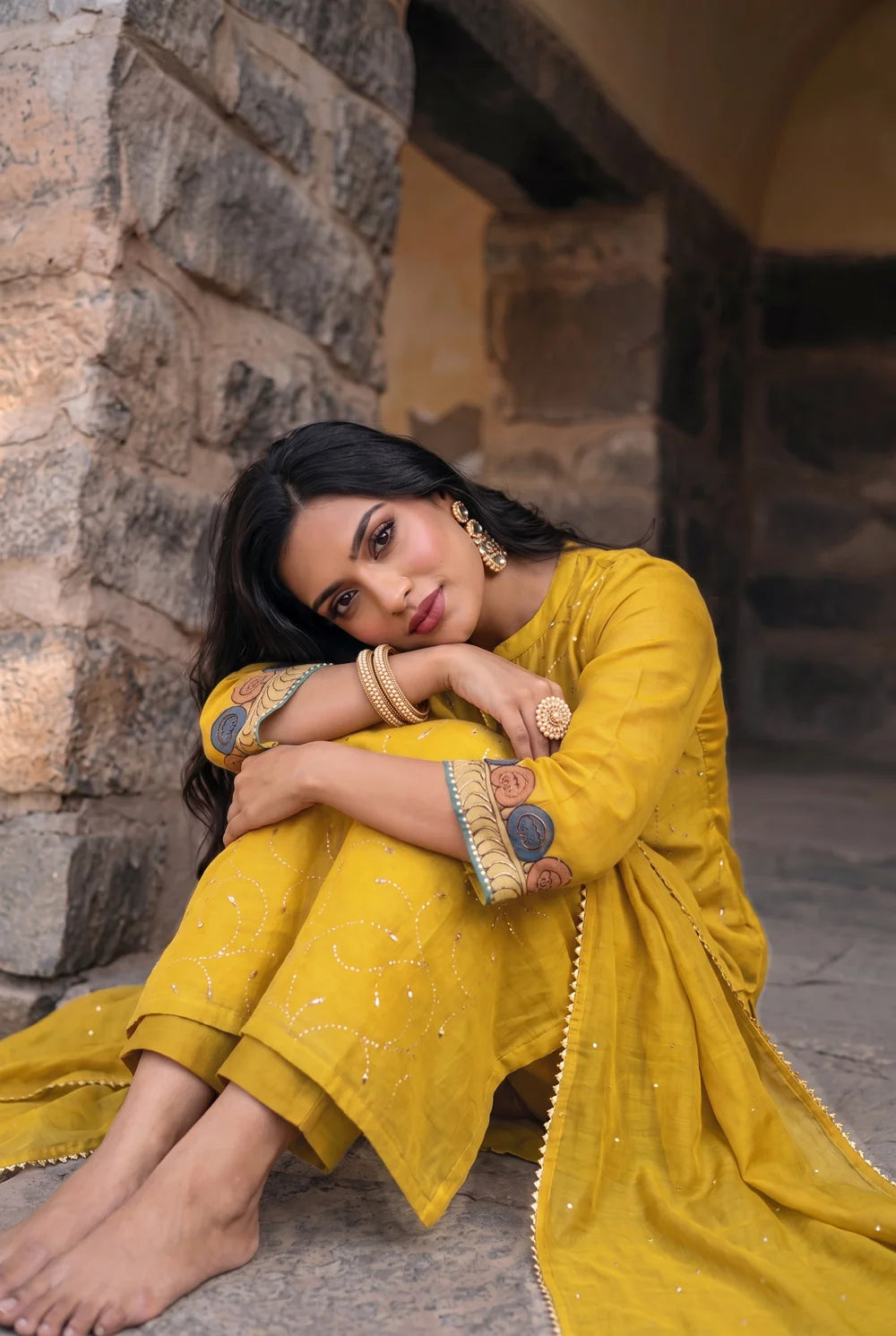 Yaira Mul Chadneri Kurta Set in Maize Yellow