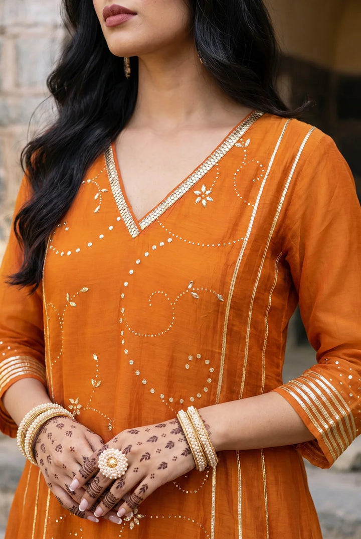 Raha Mul Chanderi Mukaish Anarkali Set in Orange