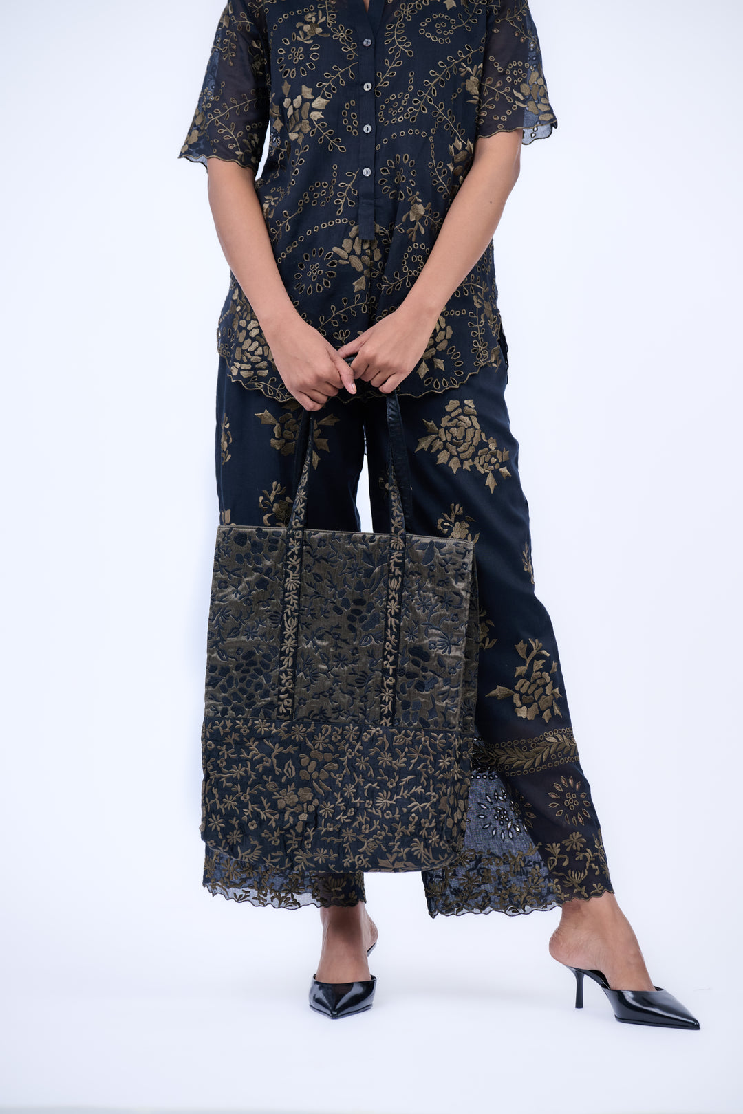 black embroidered tote bag