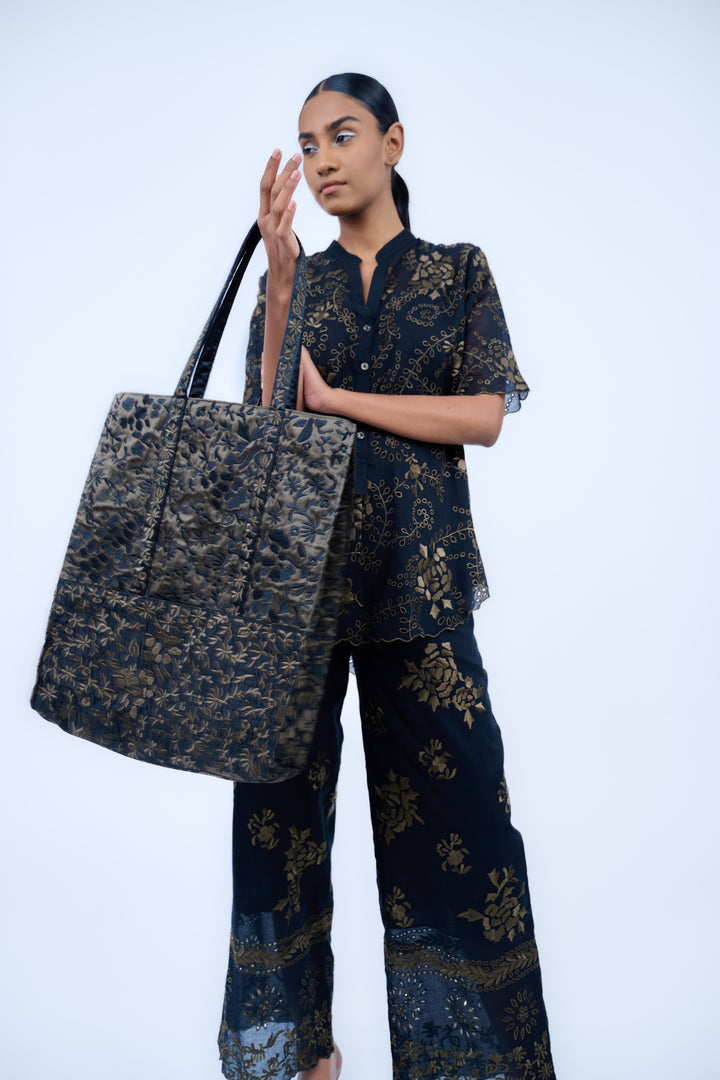 black embroidered tote bag