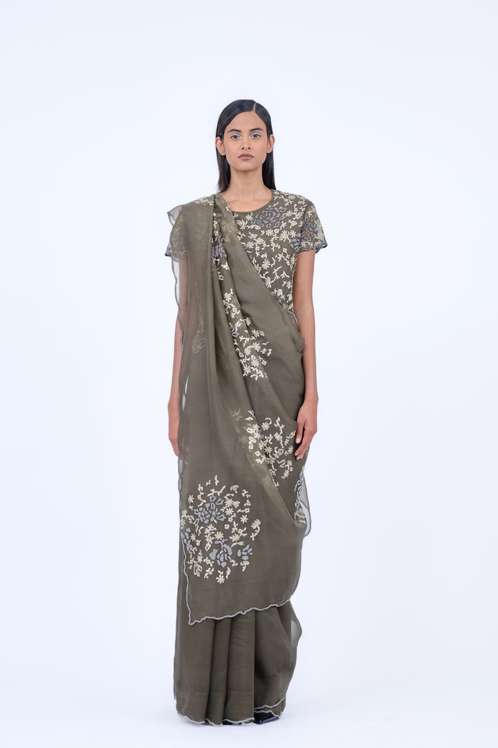 khaki placement embroidered saree