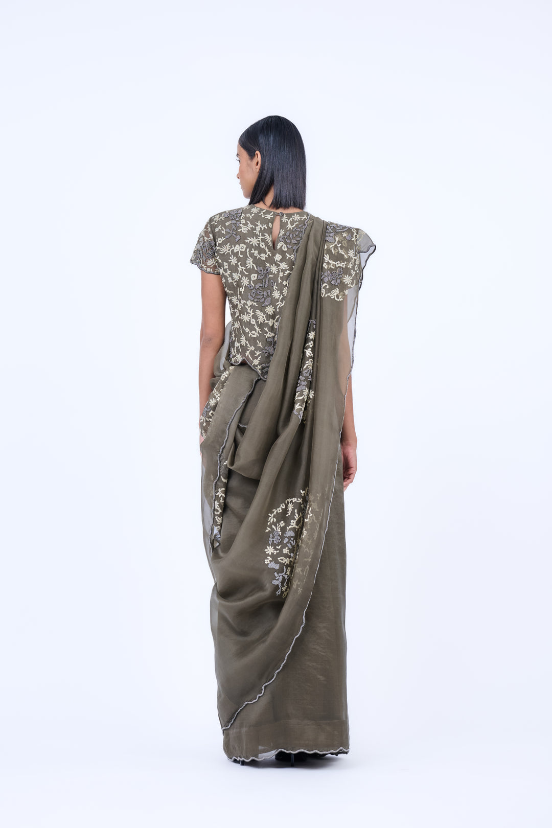 khaki placement embroidered saree