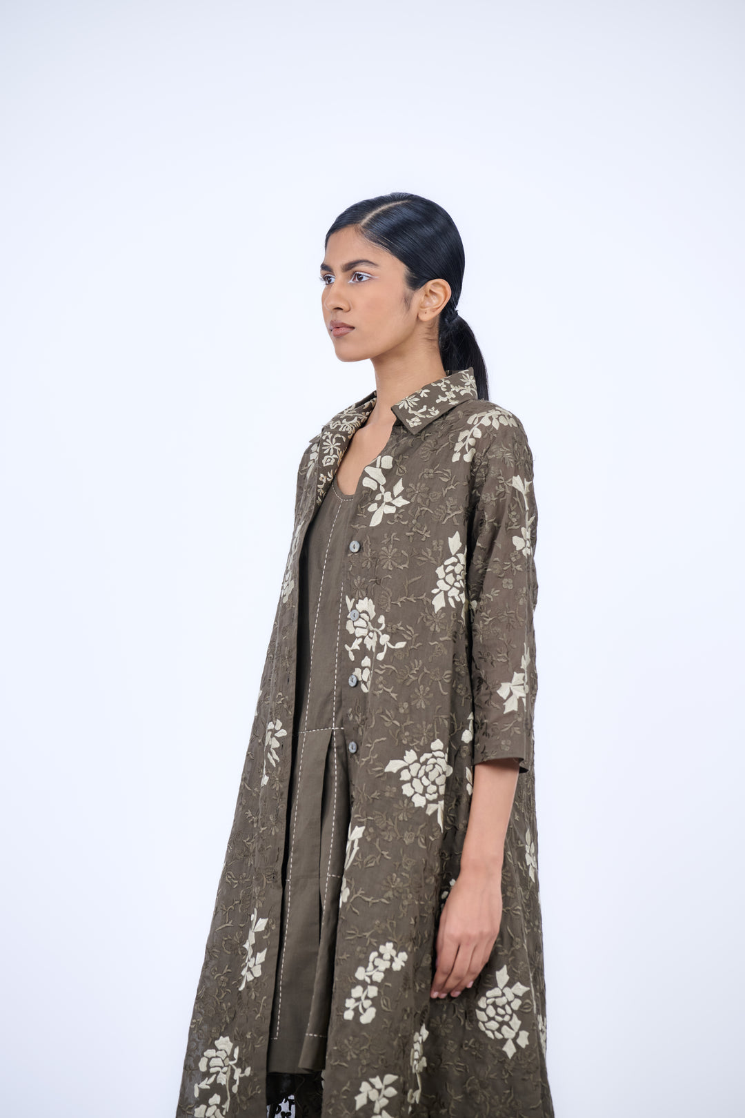 khaki long embroidered jacket