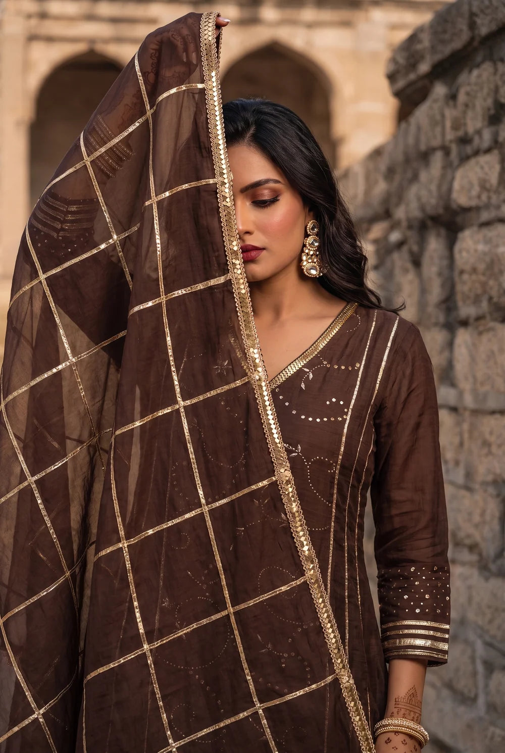 Raha Mul Chanderi Mukaish Anarkali Set in Coffee Brown