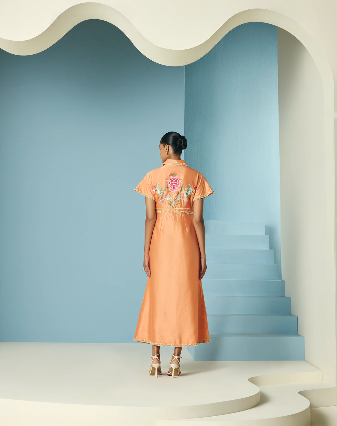 Orange Embroidered Shirt Dress