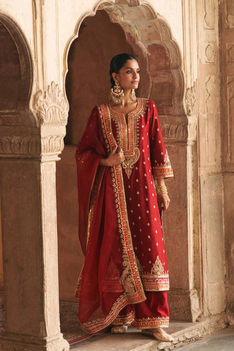 Sumaira - Deep Red Long Kurta with Palazzo and Dupatta