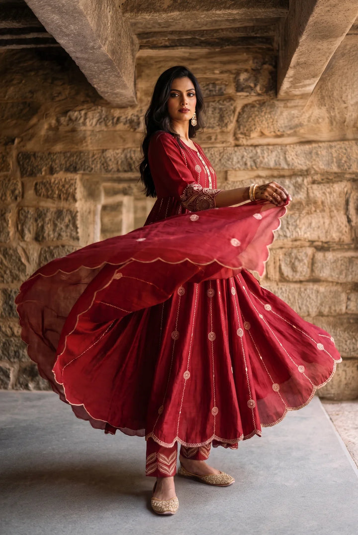 Deewani Silk Chanderi Anarkali Set in Red Berry
