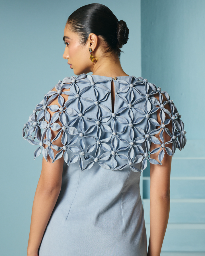 Powder Blue Floral Beadwork Cape Dress