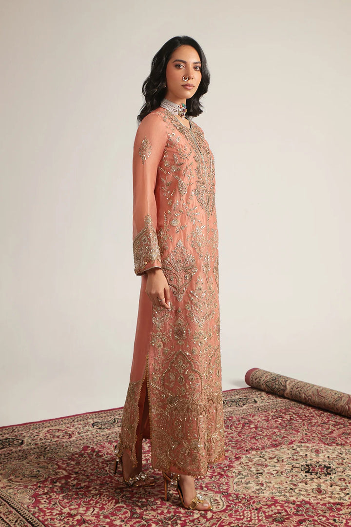 Zar-Rang Peach Heavy Jaal Kaftan Set