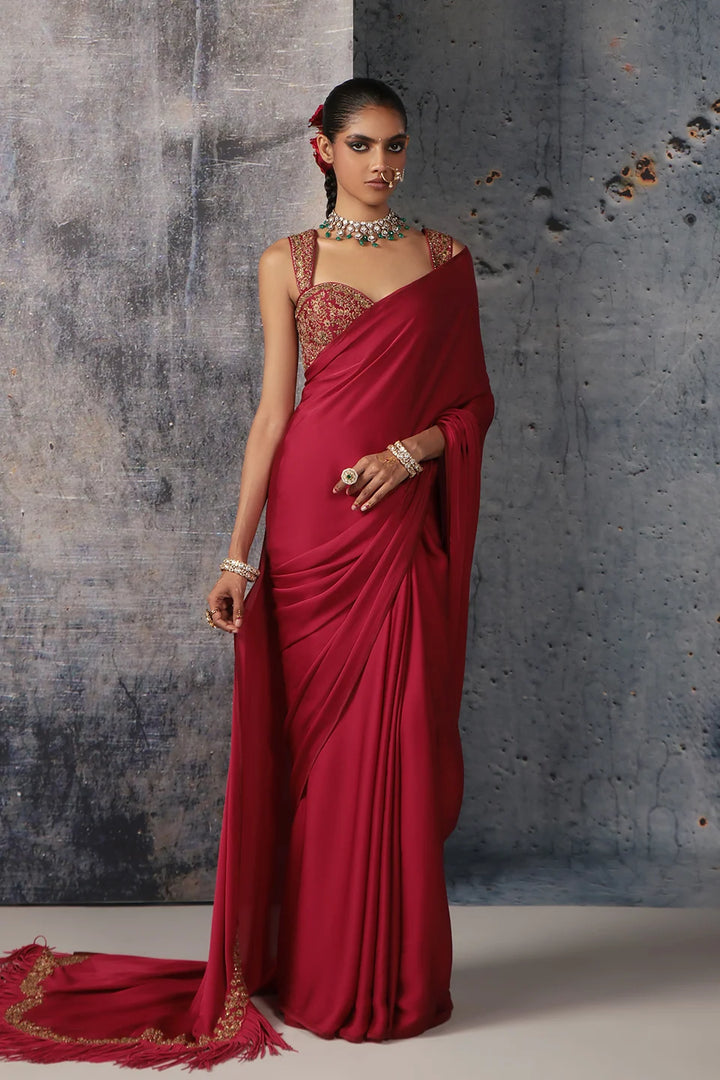 Zar-Rang Maroon Heavy Fringe Saree Set