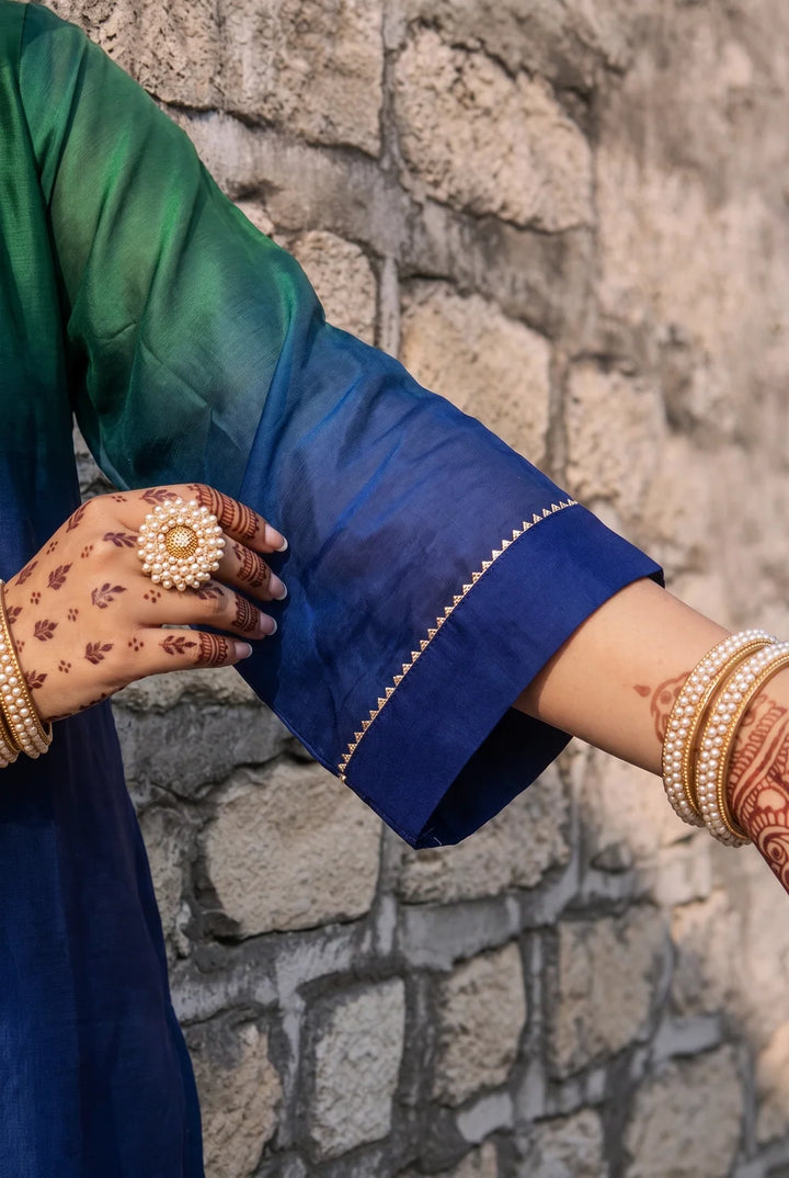 Shvi Silk Chadneri Shaded Kurta Set in Blue Green