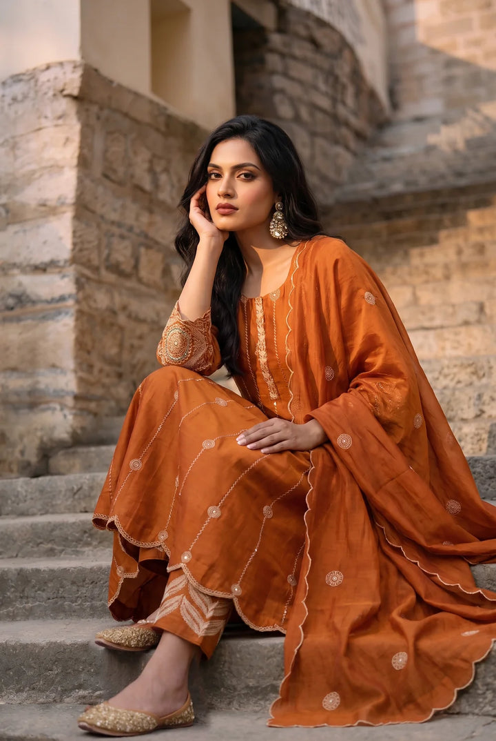 Deewani Silk Chanderi Anarkali Set in Burnt Orange