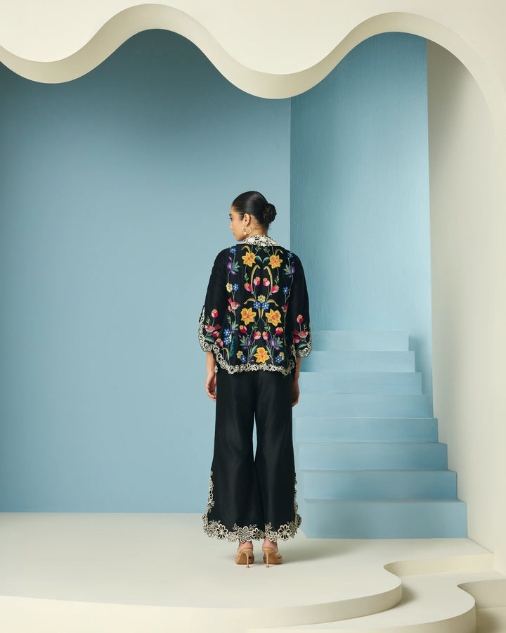 Black Contrast Cutwork Bell Bottom Pant