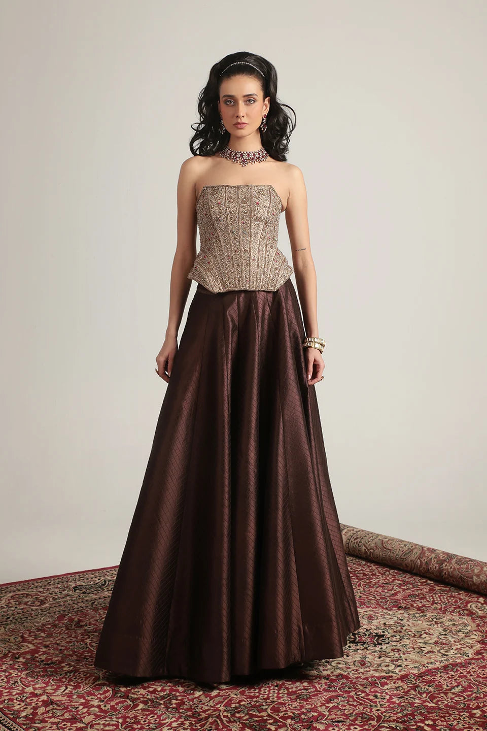Zar-Rang Brown Panelled Corset Quilted Lehenga Set