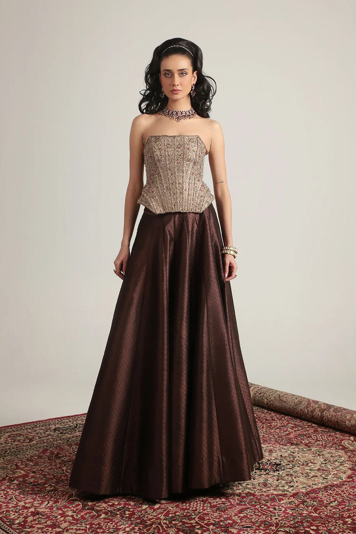 Zar-Rang Brown Panelled Corset Quilted Lehenga Set