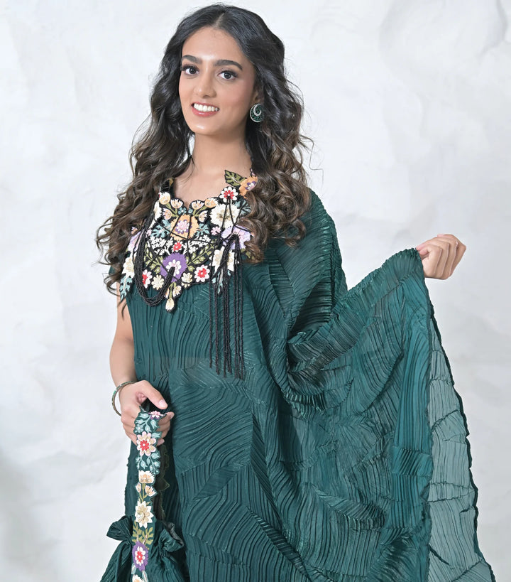 Phool-Patti Tassels Neckpiece Light Teal Crinkled Cape Set