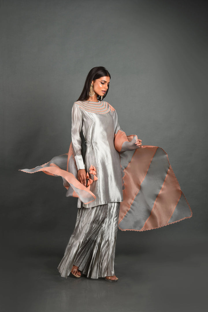 Grey Silk Kurta With Pant and Dupatta