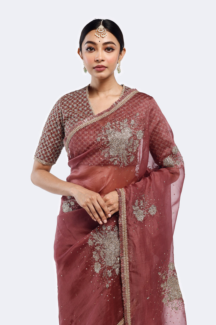 patch floral organza saree