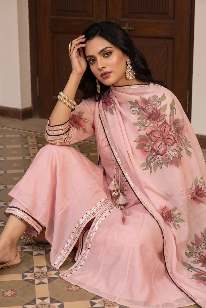 Zoa Mul Chanderi Anarkali Set in Rose Pink