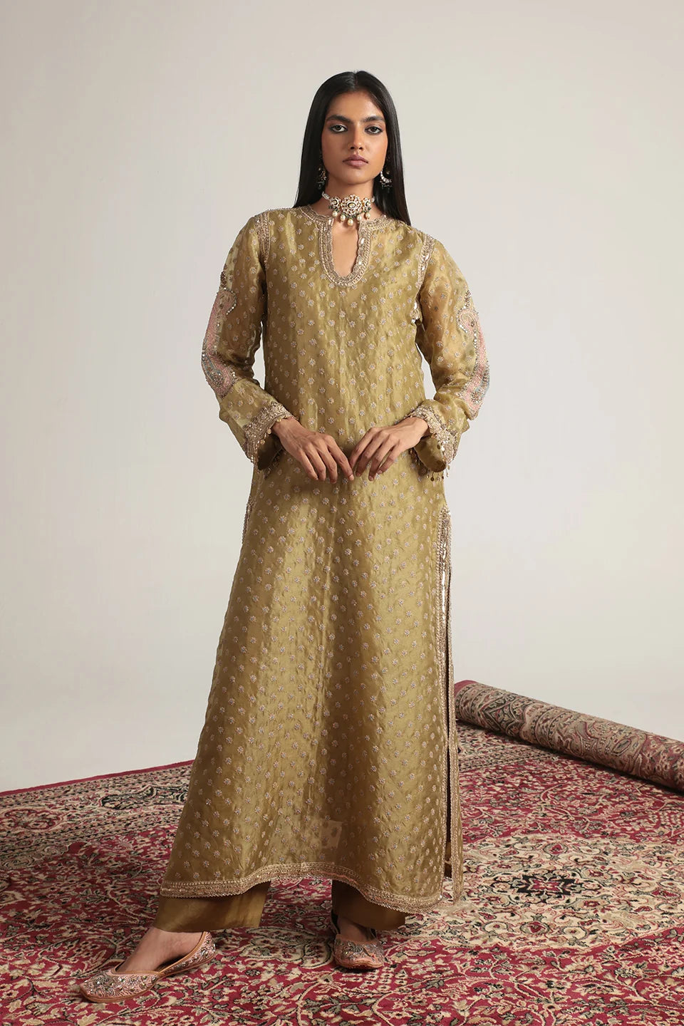 Zar-Rang Olive Green Buti Kurta Set