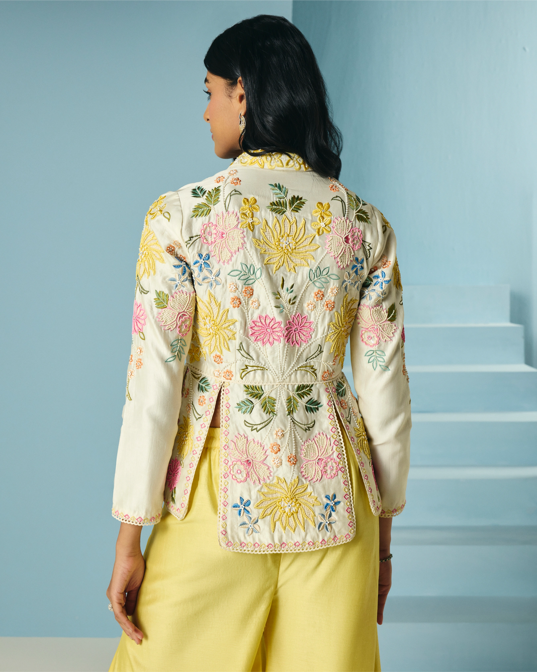 Ivory Floral Embroidered Panelled Jacket