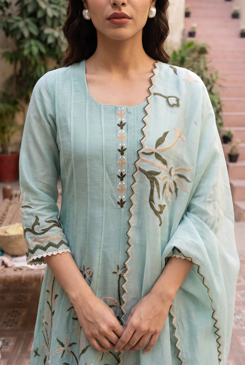Surkhi Mul Chanderi Anarkali Set in Blue Green