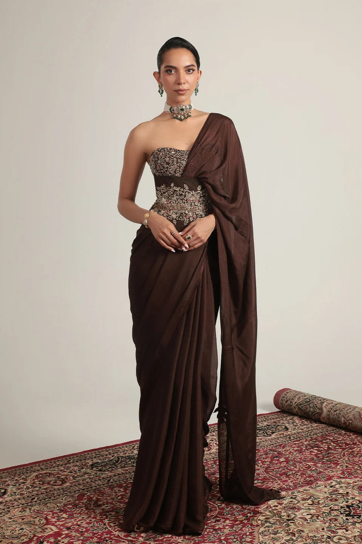 Zar-Rang Brown Double Corset Saree Set