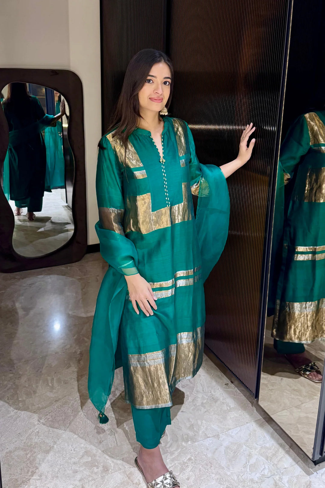 Mira: Silk stripe tissue straight kurta set - Green