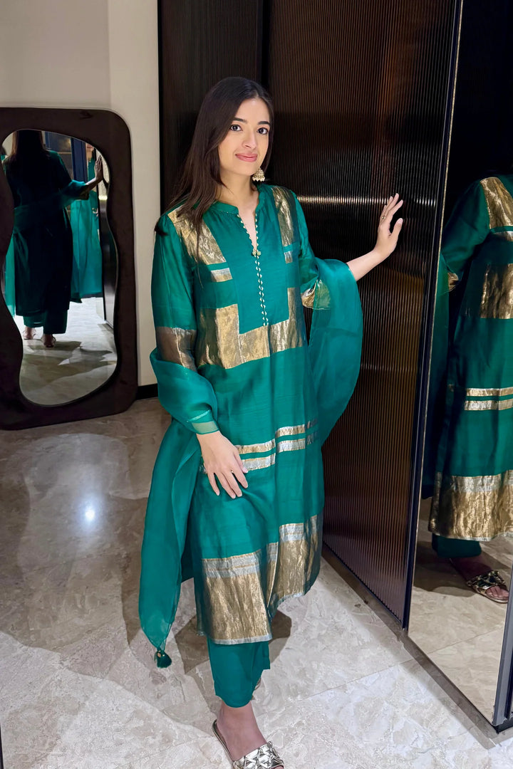 Mira: Silk stripe tissue straight kurta set - Green