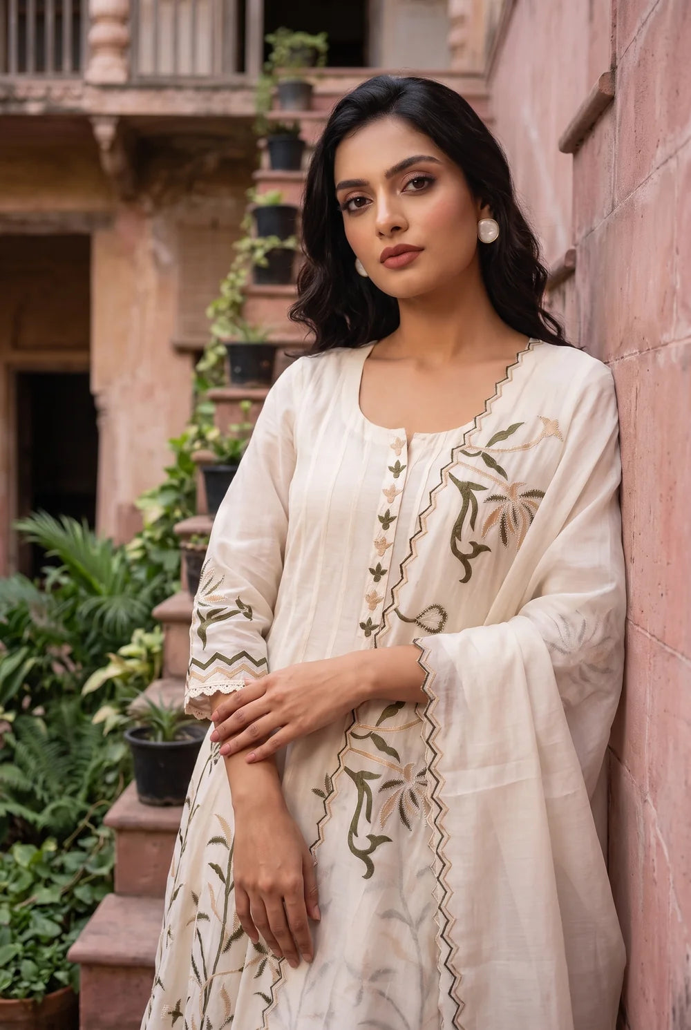 Surkhi Mul Chanderi Anarkali Set in Pearl White