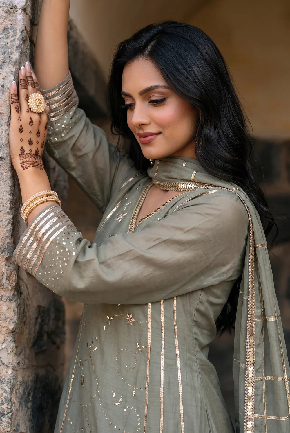 Raha Mul Chanderi Mukaish Anarkali Set in Moss Green