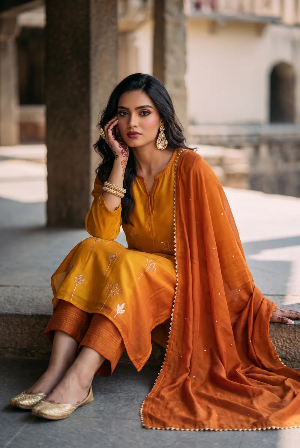 Shvi Silk Chadneri Shaded Kurta Set in Mango