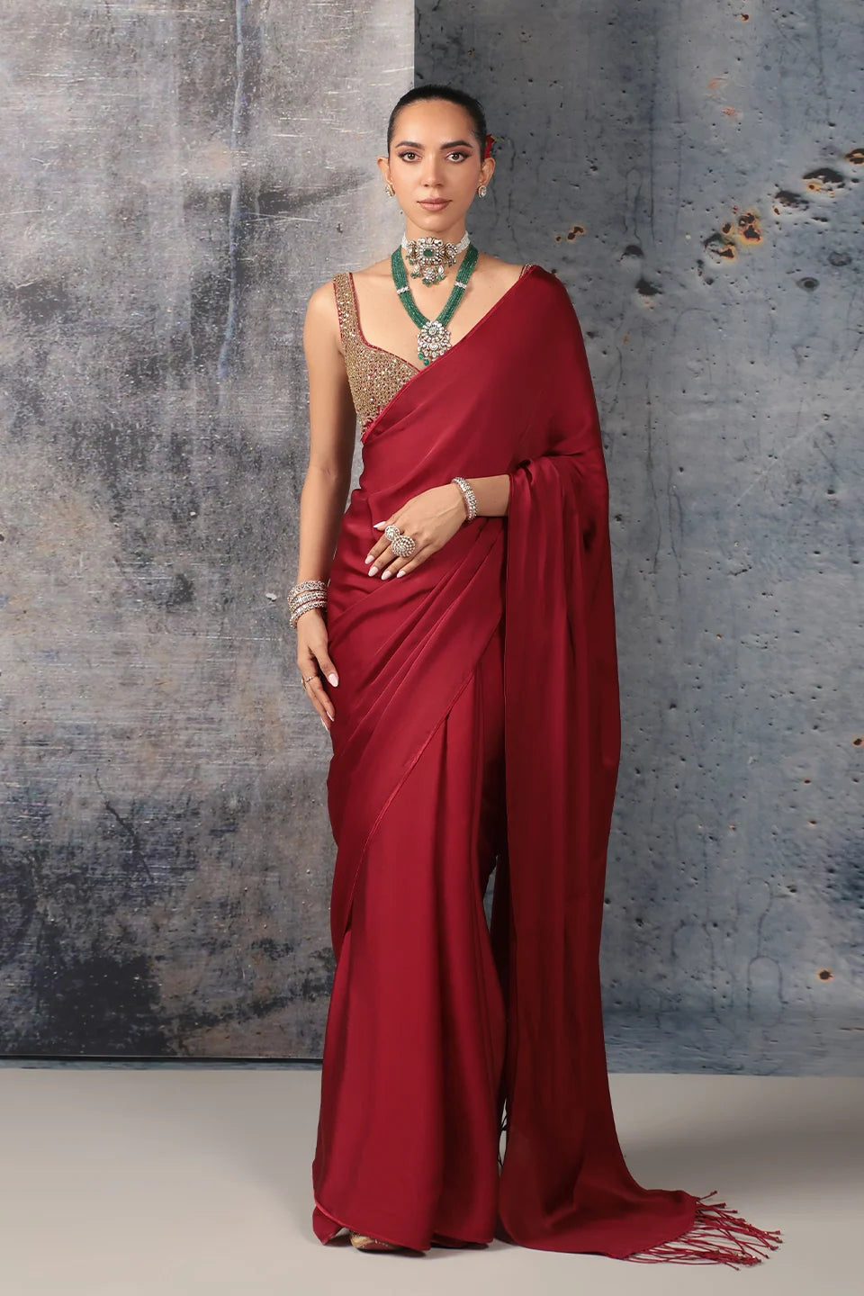 Zar-Rang Maroon Fringe Saree Set