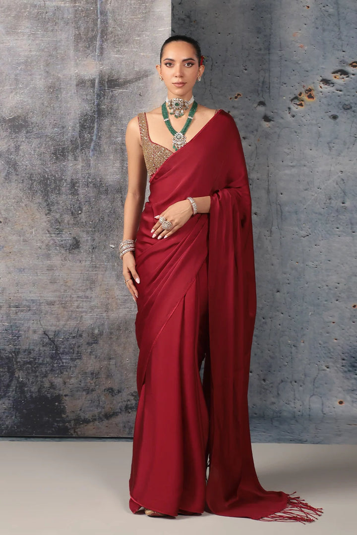 Zar-Rang Maroon Fringe Saree Set