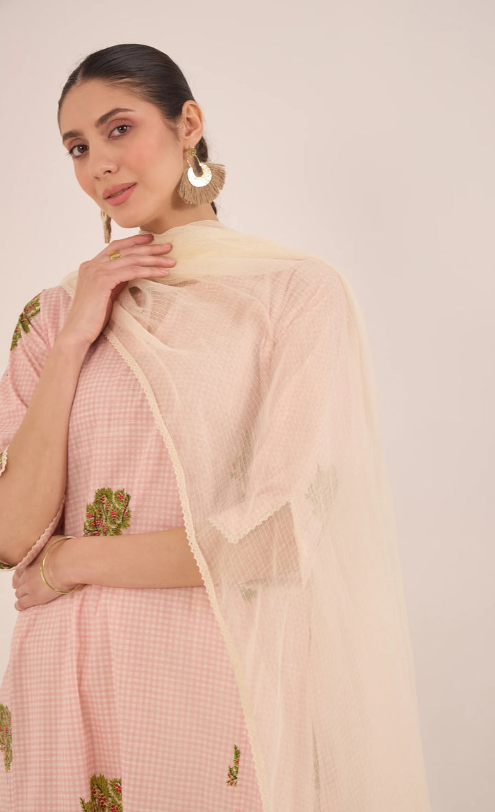 Cotton Check Apple Tree Kurta Set - Pink