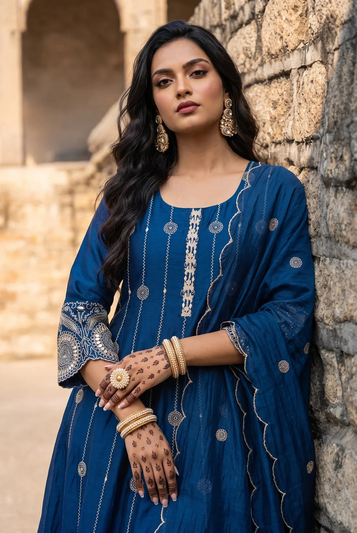 Deewani Silk Chanderi Anarkali Set in Cobalt Blue