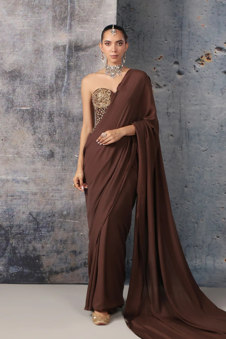 Zar-Rang Brown Corset Saree Set