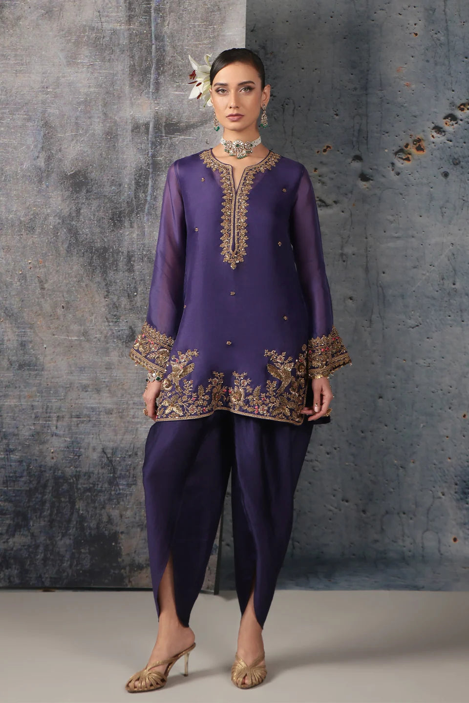 Zar-Rang Purple Heavy Short Kurta Set