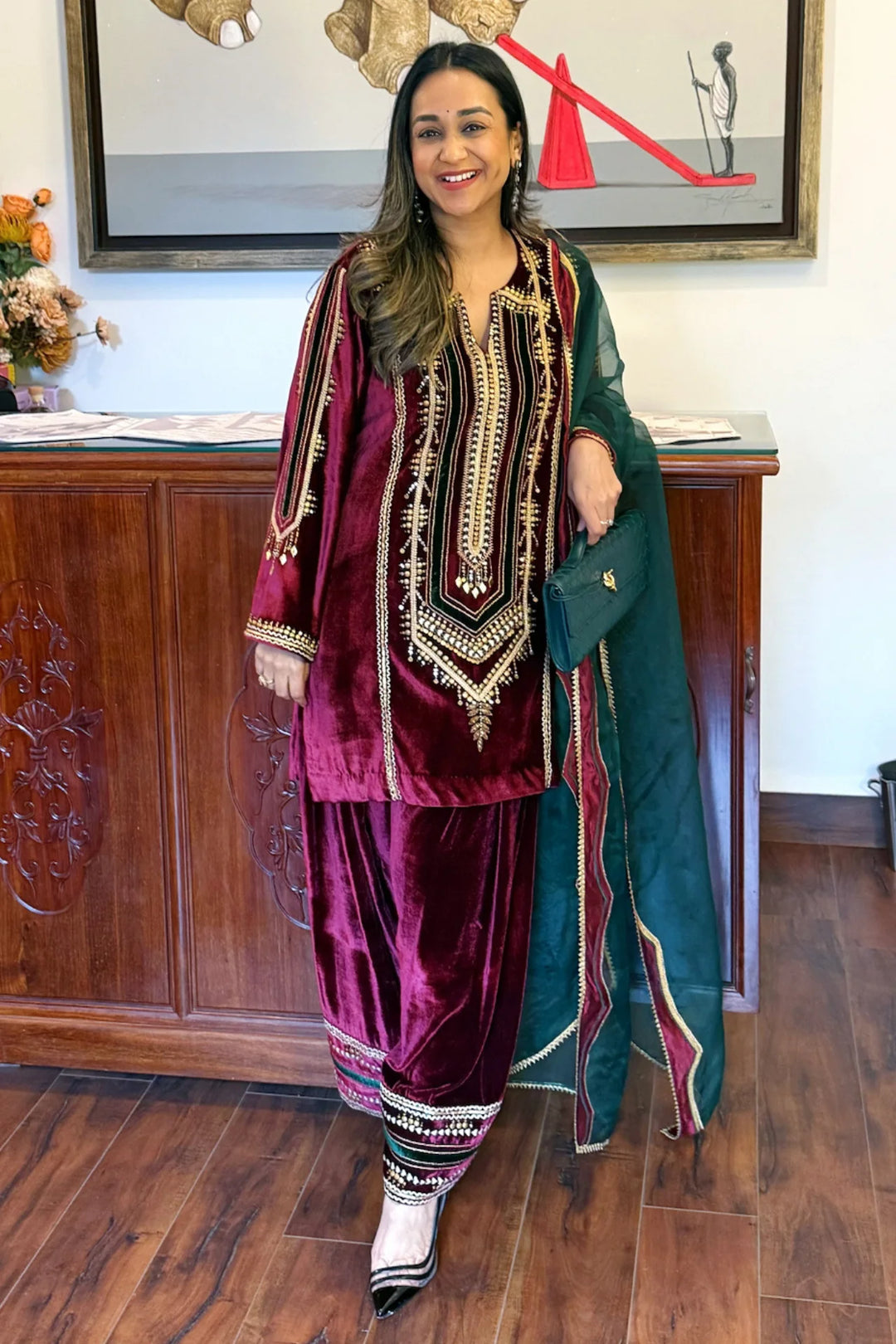 Maroon Velvet Short Kurta with Farshi Salwar Set