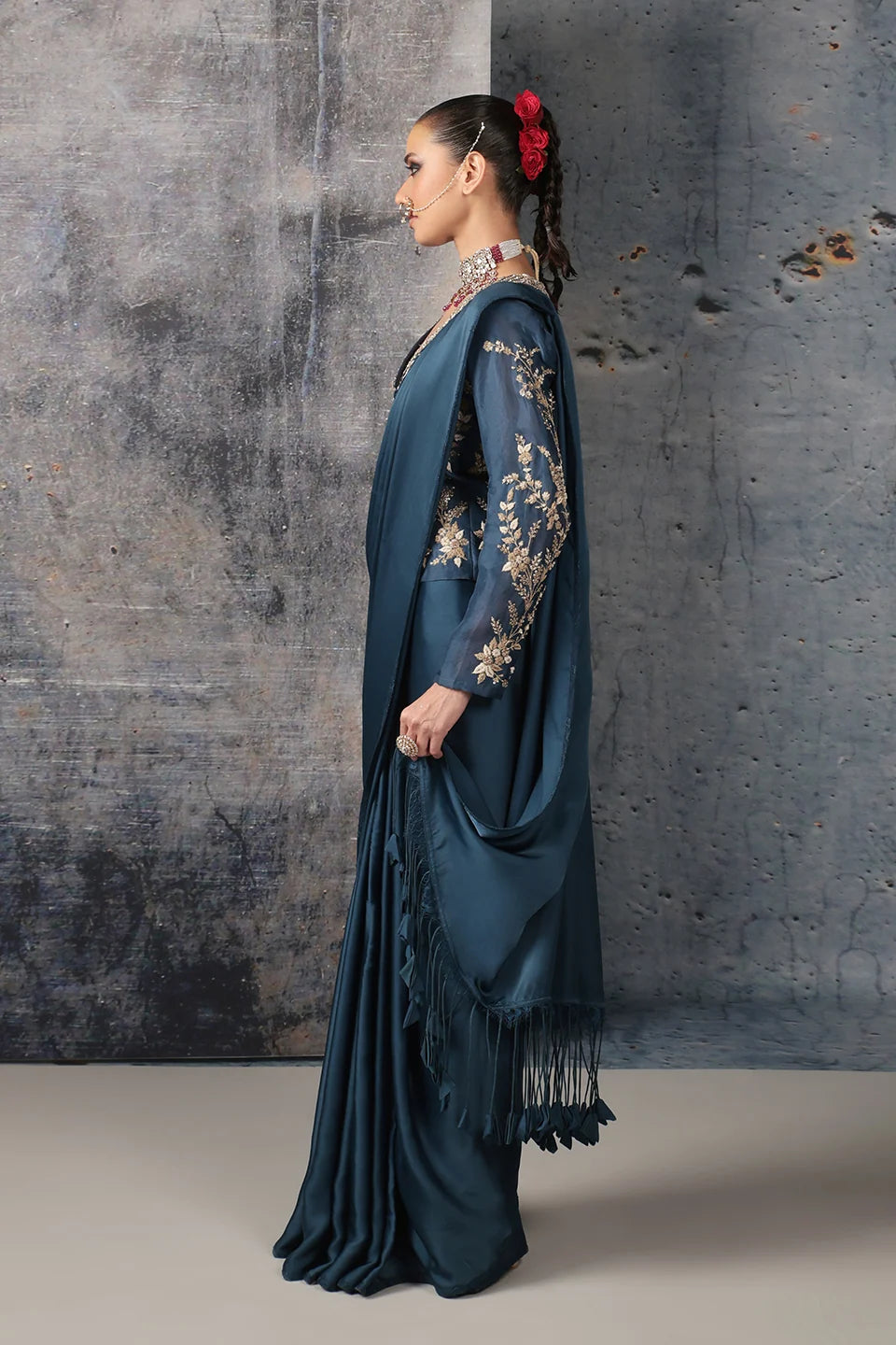 Zar-Rang Blue Jacket Saree Set