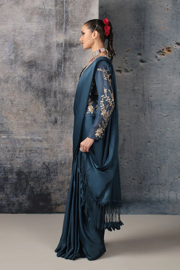 Zar-Rang Blue Jacket Saree Set