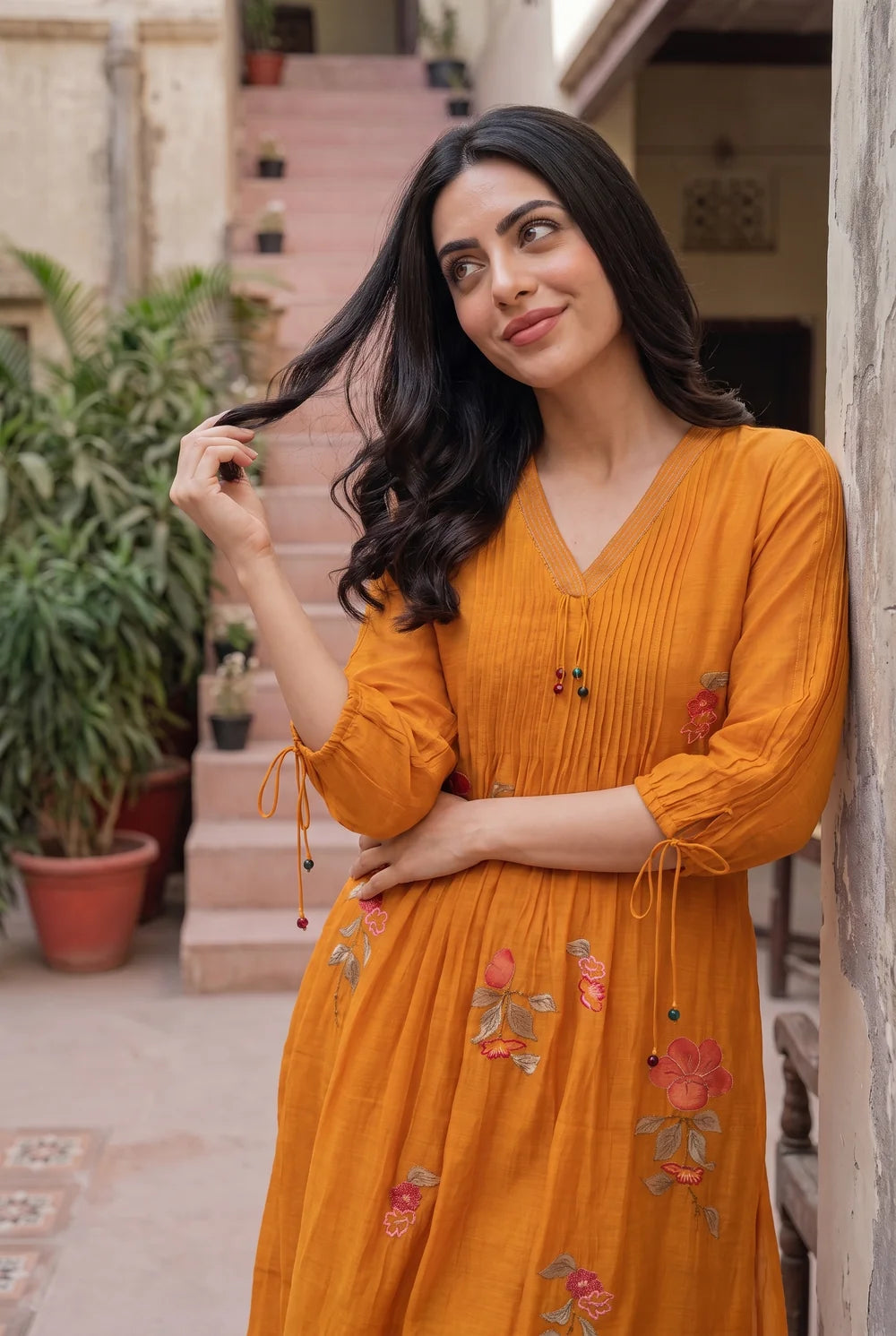 Rumi Mul Chanderi Tunic Set in Sunset Orange