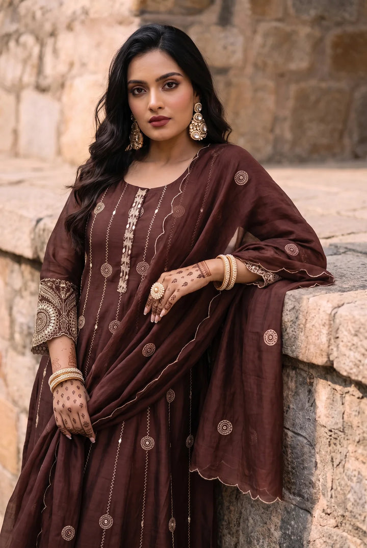 Deewani Silk Chanderi Anarkali Set in Coffee Brown