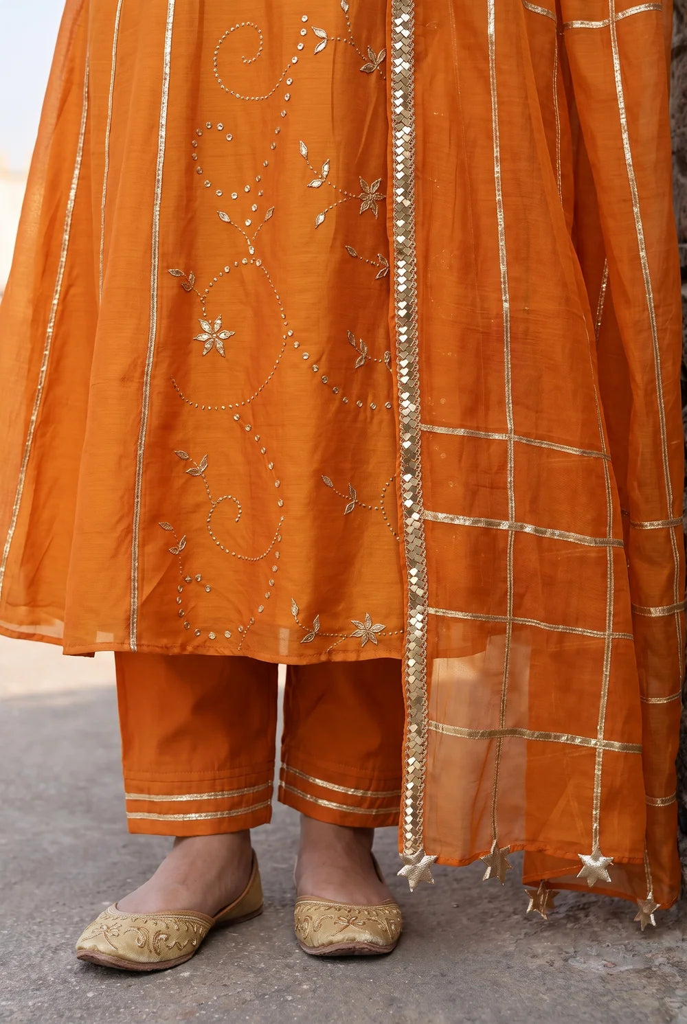 Raha Mul Chanderi Mukaish Anarkali Set in Orange