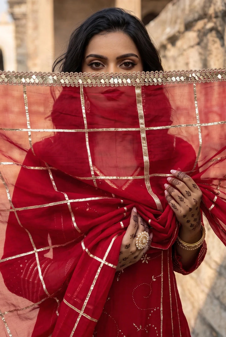 Raha Mul Chanderi Mukaish Anarkali Set in Red