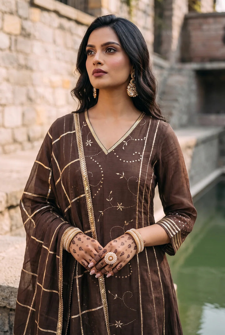 Raha Mul Chanderi Mukaish Anarkali Set in Coffee Brown