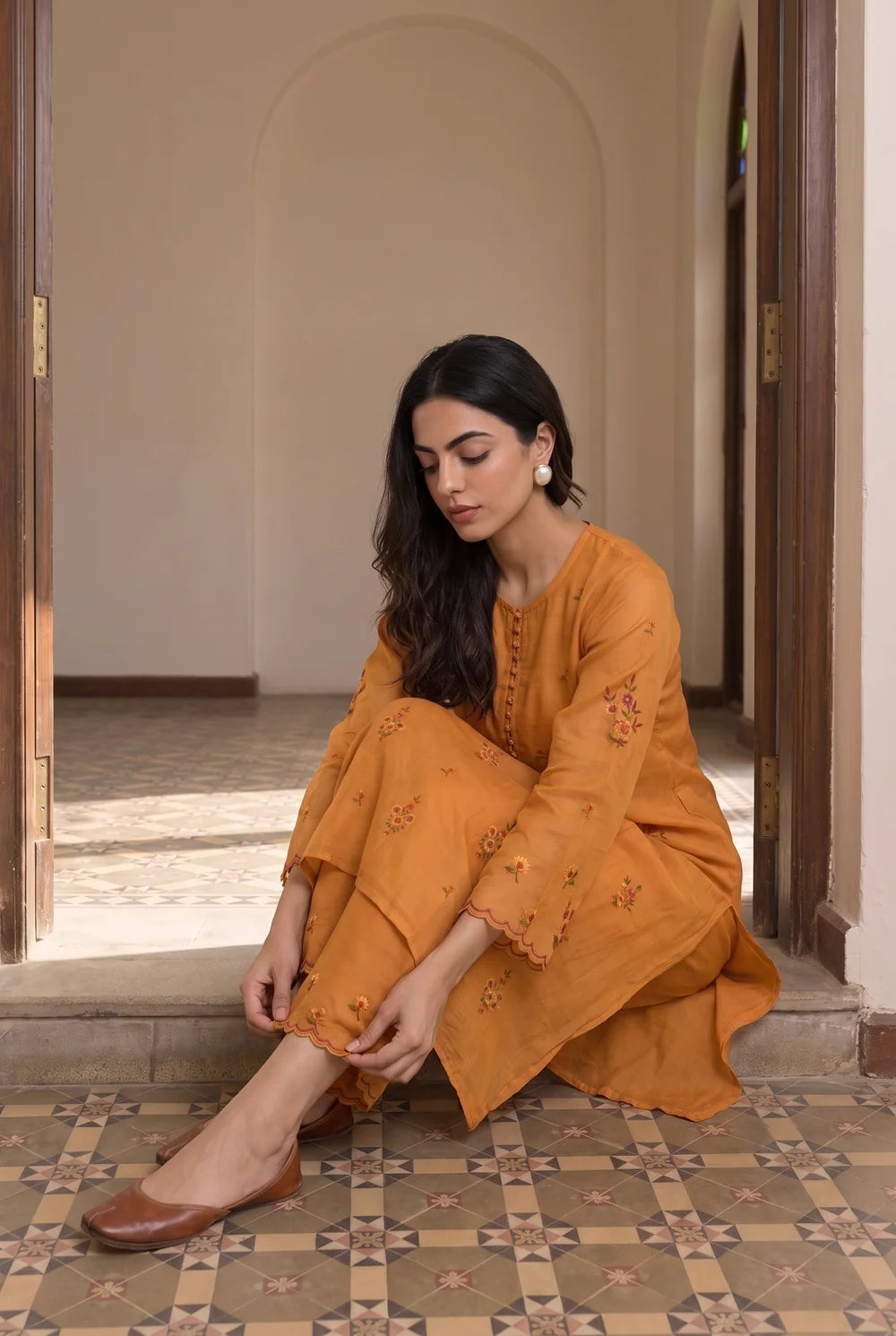 Veya Thread Embroidered Kurta Set in Vintage Orange